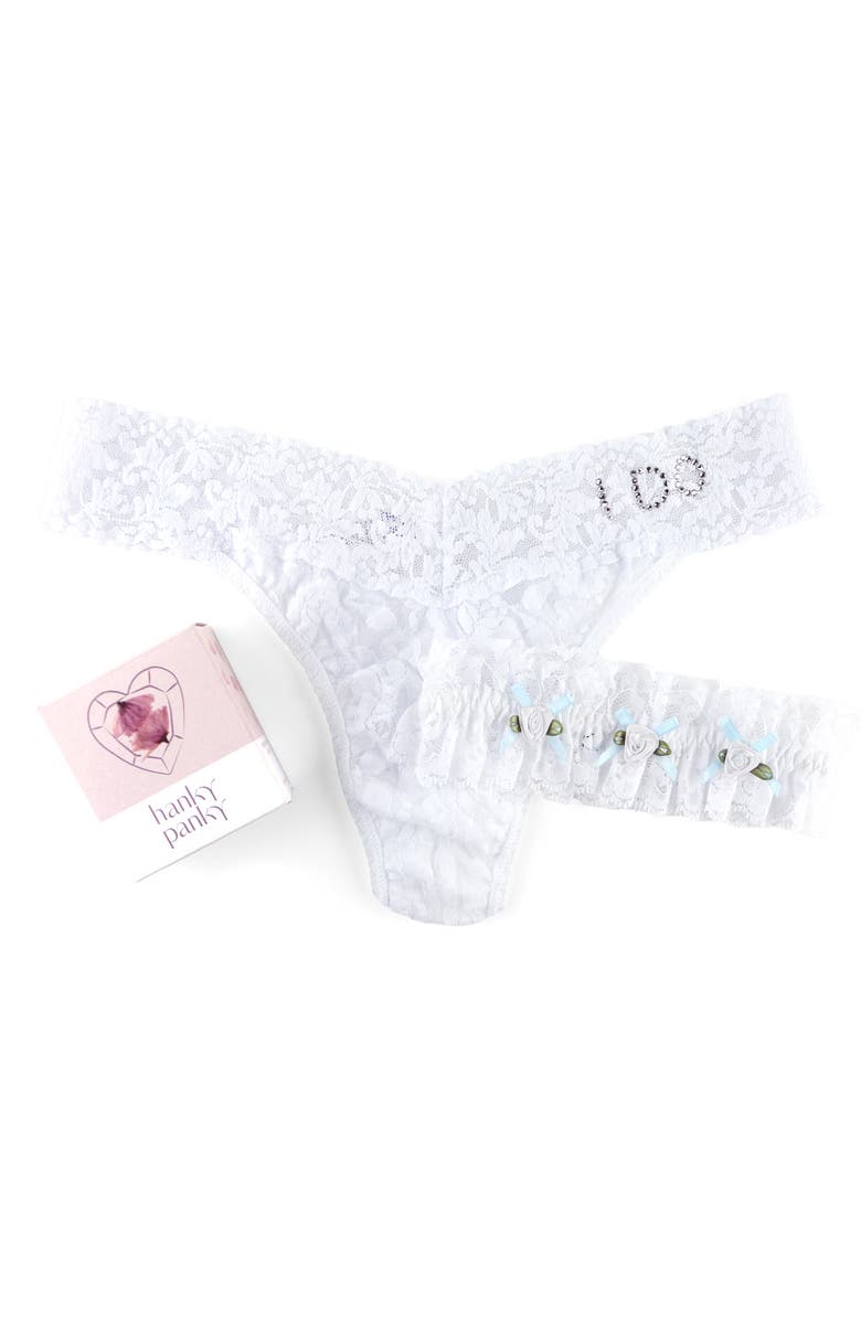 Hanky Panky I Do Original Rise Lace Thong & Garter Set, Alternate, color, White/ Powder Blue