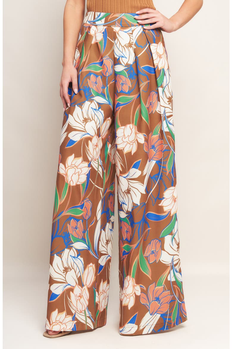 Floral Pleated Front Wide Leg Pants, Alternate, color, BROWN
