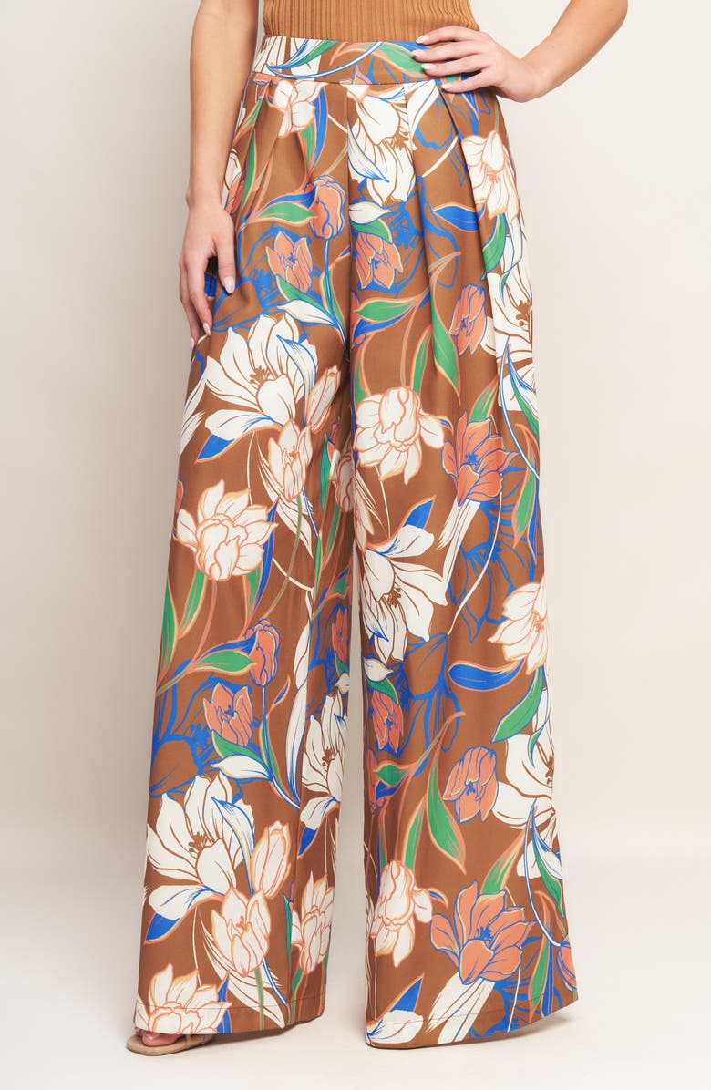 FLYING TOMATO Floral Pleated Front Wide Leg Pants, Alternate, color, Brown