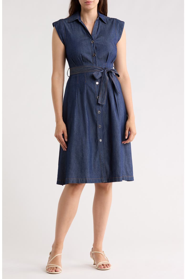 Cap Sleeve Tie Waist Denim Shirtdress, Main, color, DARK BENSO