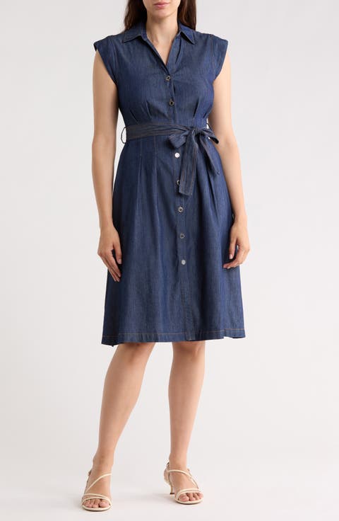 Cap Sleeve Tie Waist Denim Shirtdress