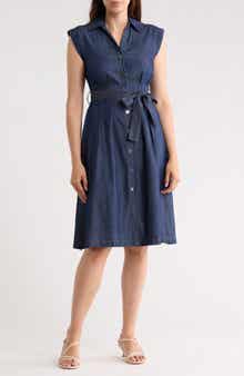 DKNY Cap Sleeve Tie Waist Denim Shirtdress
