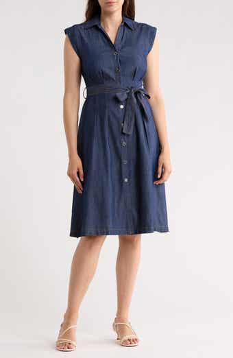 DKNY Cap Sleeve Tie Waist Denim Shirtdress