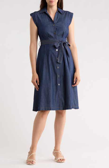 DKNY Cap Sleeve Tie Waist Denim Shirtdress