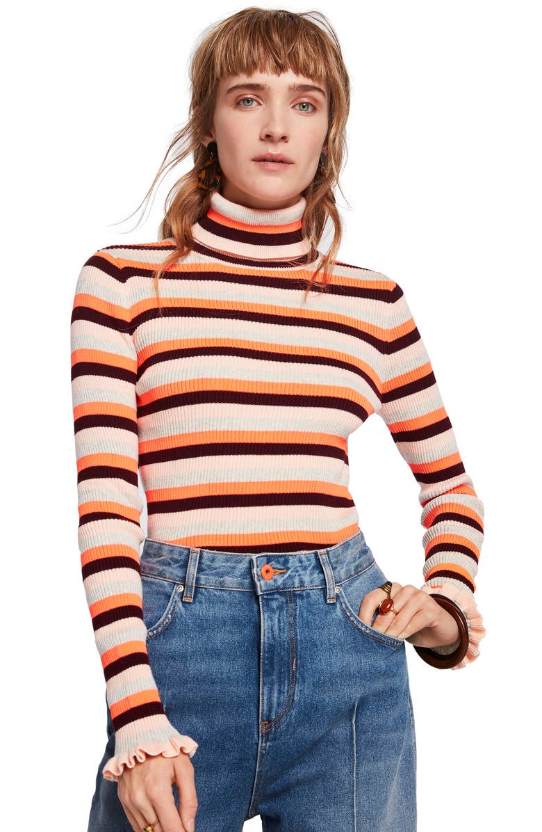 Scotch & Soda Stripe Ruffle Cuff Sweater, Alternate, color,