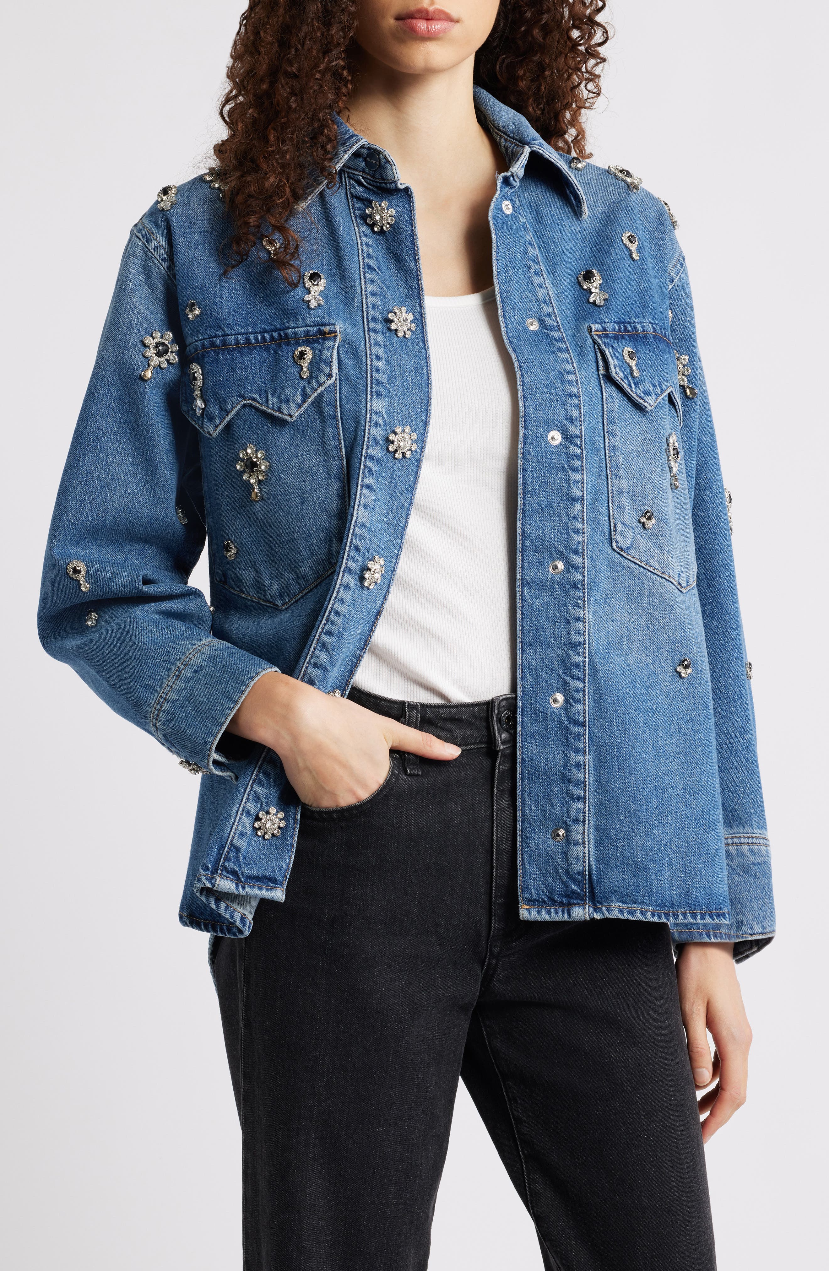 AllSaints Enna Embellished Denim Snap-Up Shirt