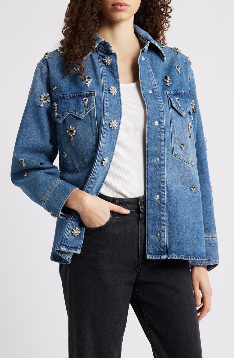 AllSaints Enna Embellished Denim Snap-Up Shirt, Main, color, 
