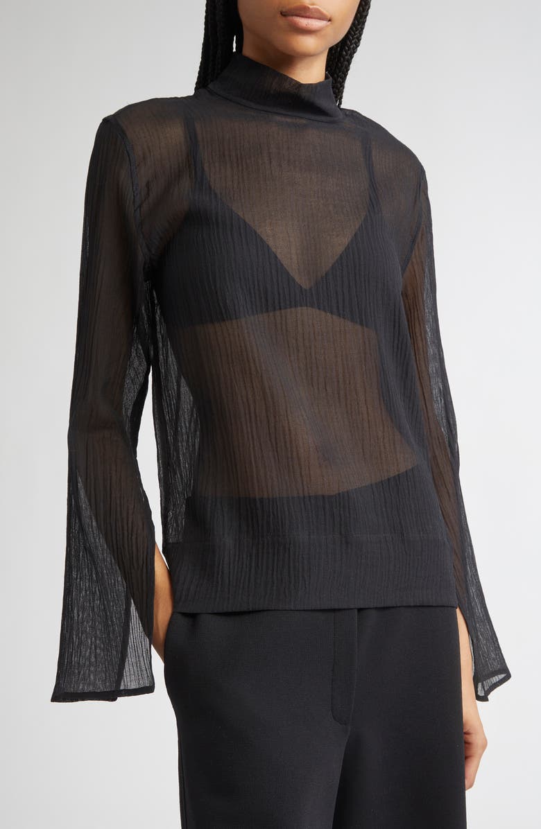 TOTEME Mock Neck Long Sleeve Cotton & Silk Top, Alternate, color, Black