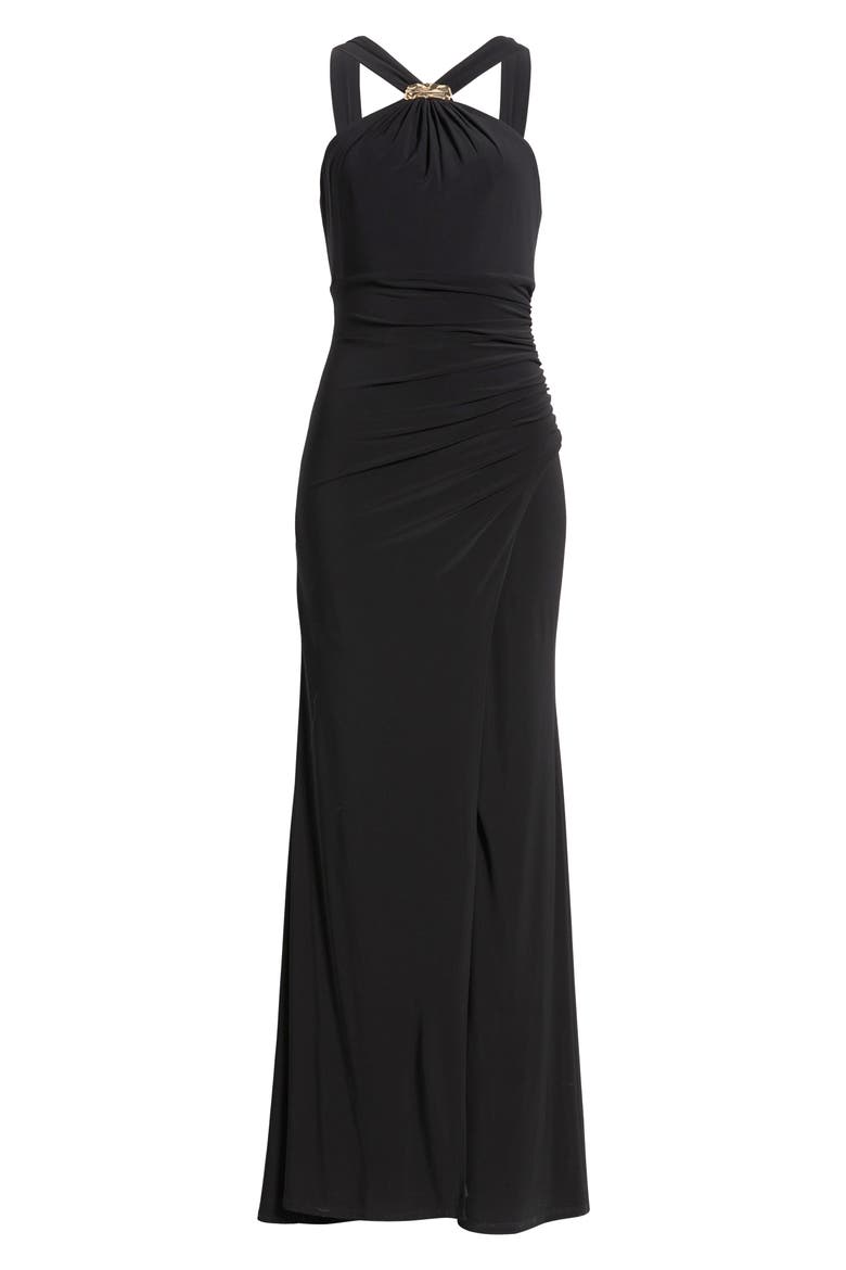 Halter Neck Ruched Mermaid Gown, Alternate, color, BLACK