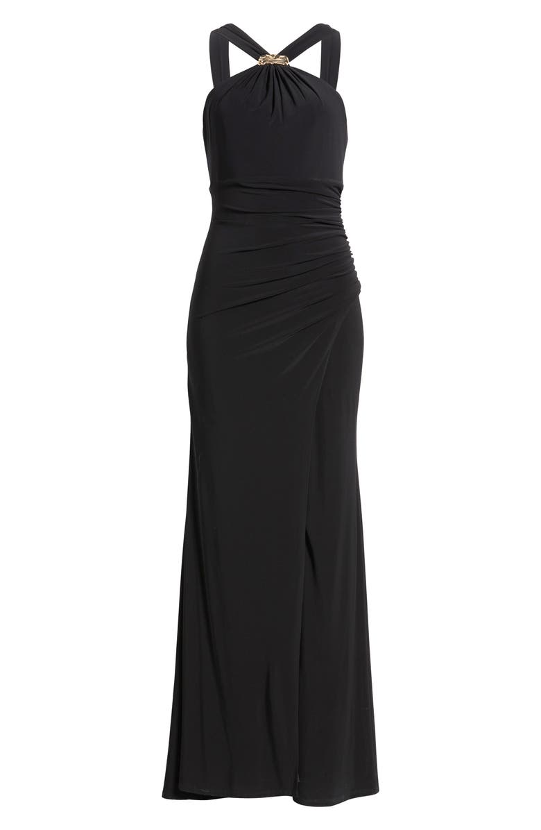 Eliza J Halter Neck Ruched Mermaid Gown, Alternate, color, Black