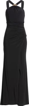Eliza J Halter Neck Ruched Mermaid Gown