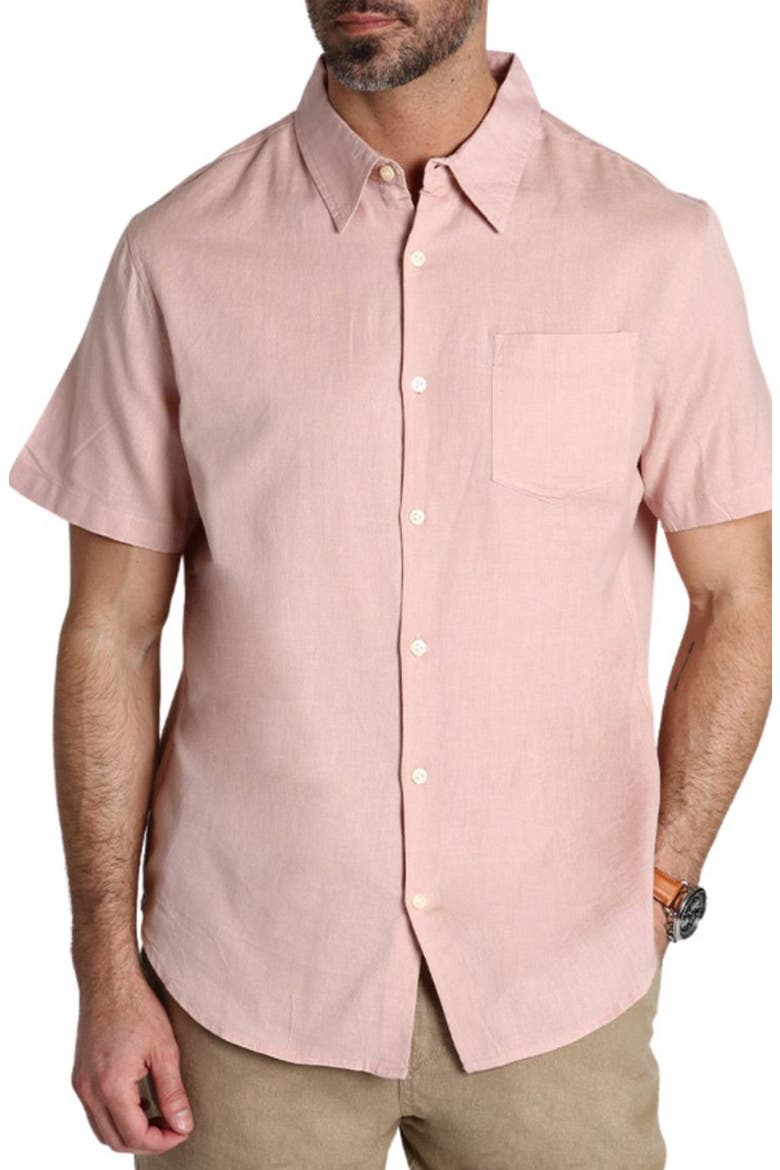 Solid Short Sleeve Cotton & Linen Button-Up Shirt, Main, color, PINK