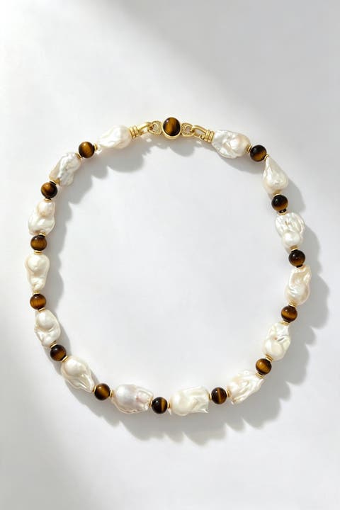 Amber Tiger's Eye & Baroque Pearl Necklace