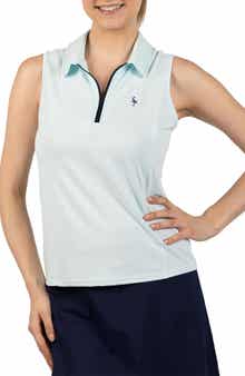 Textured Grid Sleeveless Quarter Zip Polo