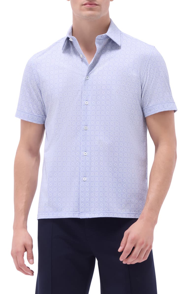 Bugatchi Milo OoohCotton<sup>®</sup> Geo Print Short Sleeve Button-Up Shirt, Main, color, Air Blue