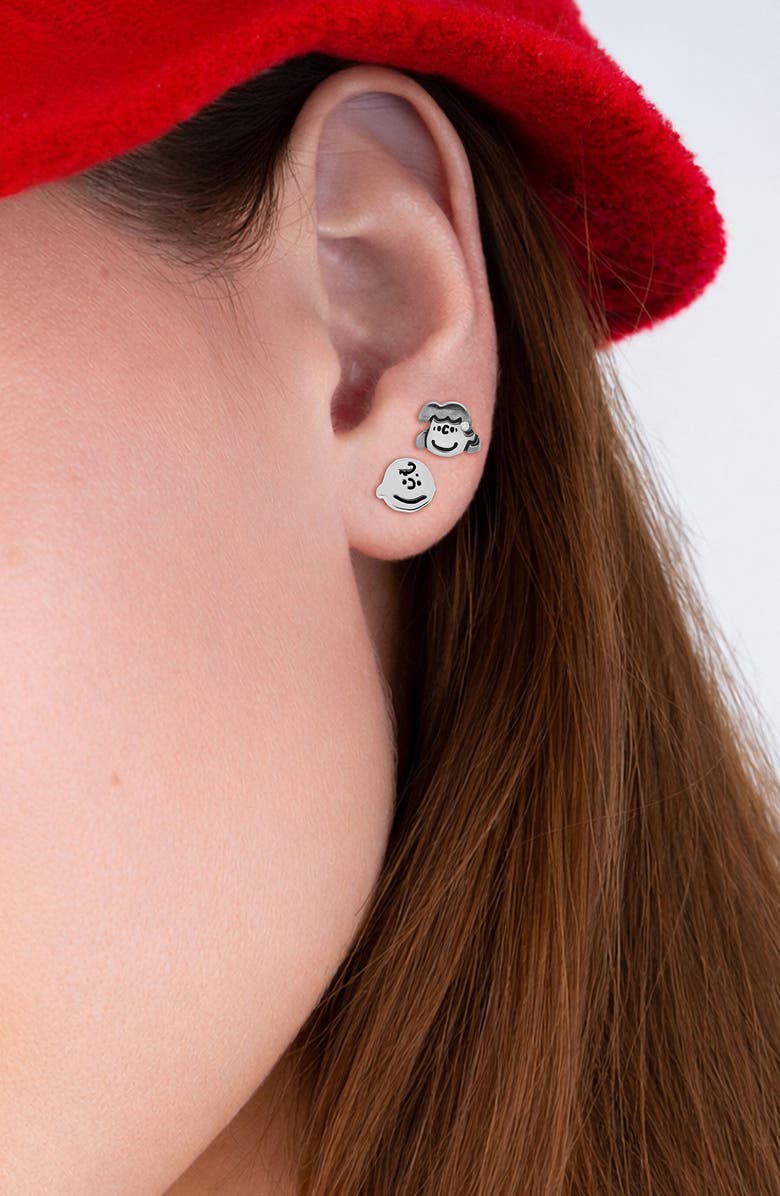 Crislu x Peanuts<sup>®</sup> Snoopy & the Gang Set of 5 Assorted Single Stud Earrings, Alternate, color, Pure Platinum / Clear Stone