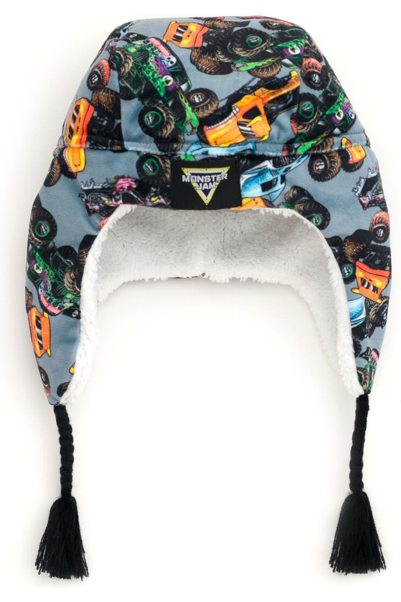 Fleece Beanie with Ear Flaps, Main, color, Monster Jam Charcoal