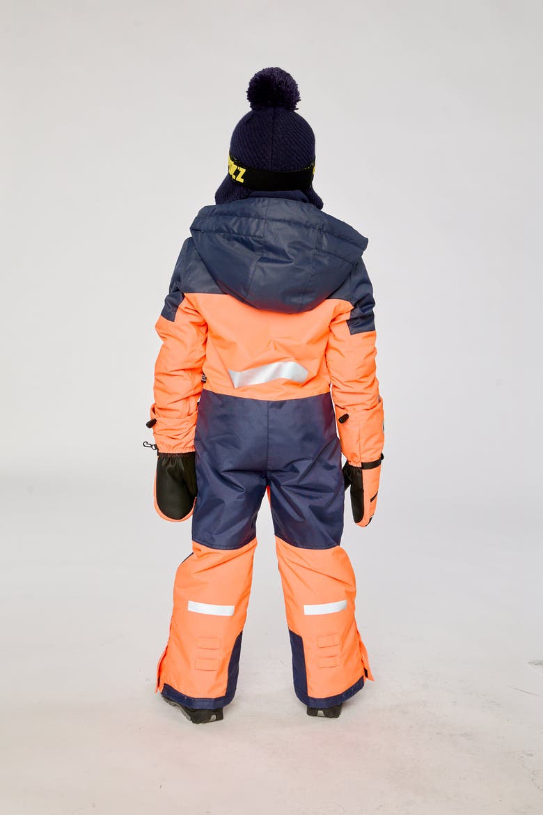 Teknik Fleece Lined & Reinforced Knees One Piece Snowsuit, Alternate, color, Bright Orange and Blue