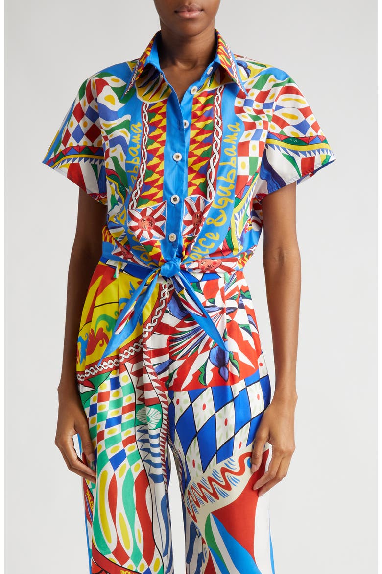 Carretto Print Tie Detail Cotton Shirt, Main, color, BLUE MULTICOLOR
