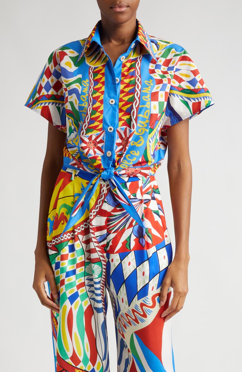 Dolce&Gabbana Carretto Print Tie Detail Cotton Shirt, Main, color,
