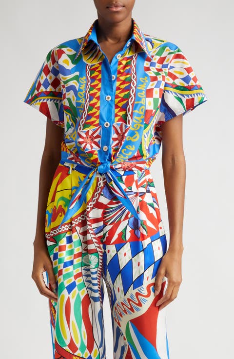 Carretto Print Tie Detail Cotton Shirt