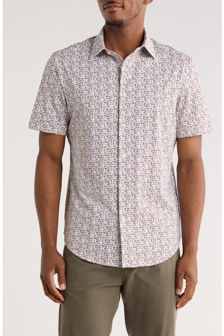 Print Short Sleeve Button-Up Shirt, Main, color, CHALK