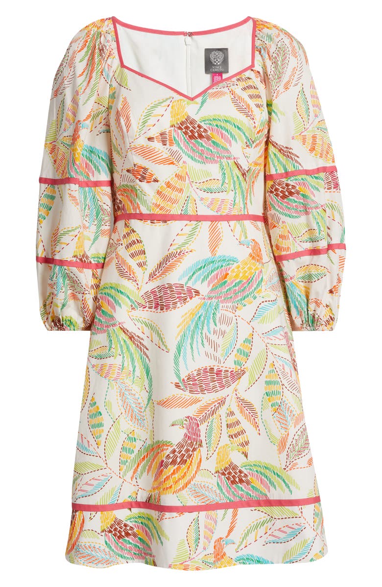 Vince Camuto Puff Sleeve Cotton Poplin Dress, Alternate, color, Ivory Mult