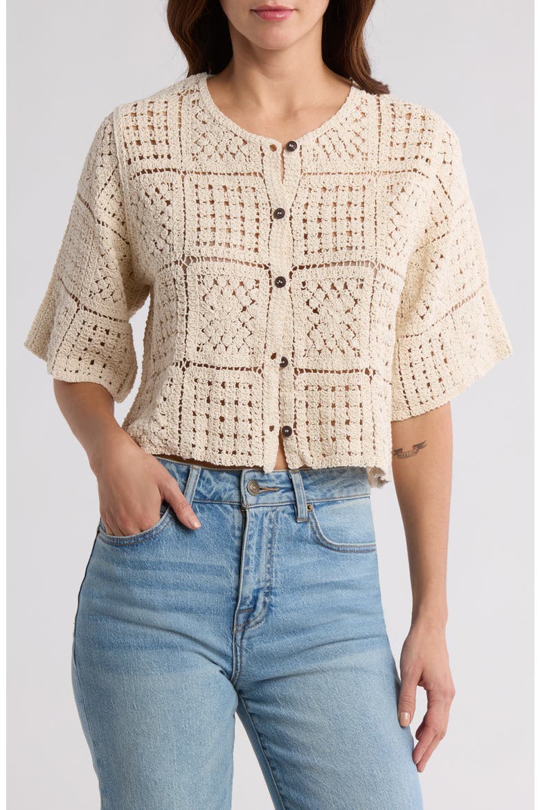 Crochet Short Sleeve Button-Up Top, Main, color, NATURAL