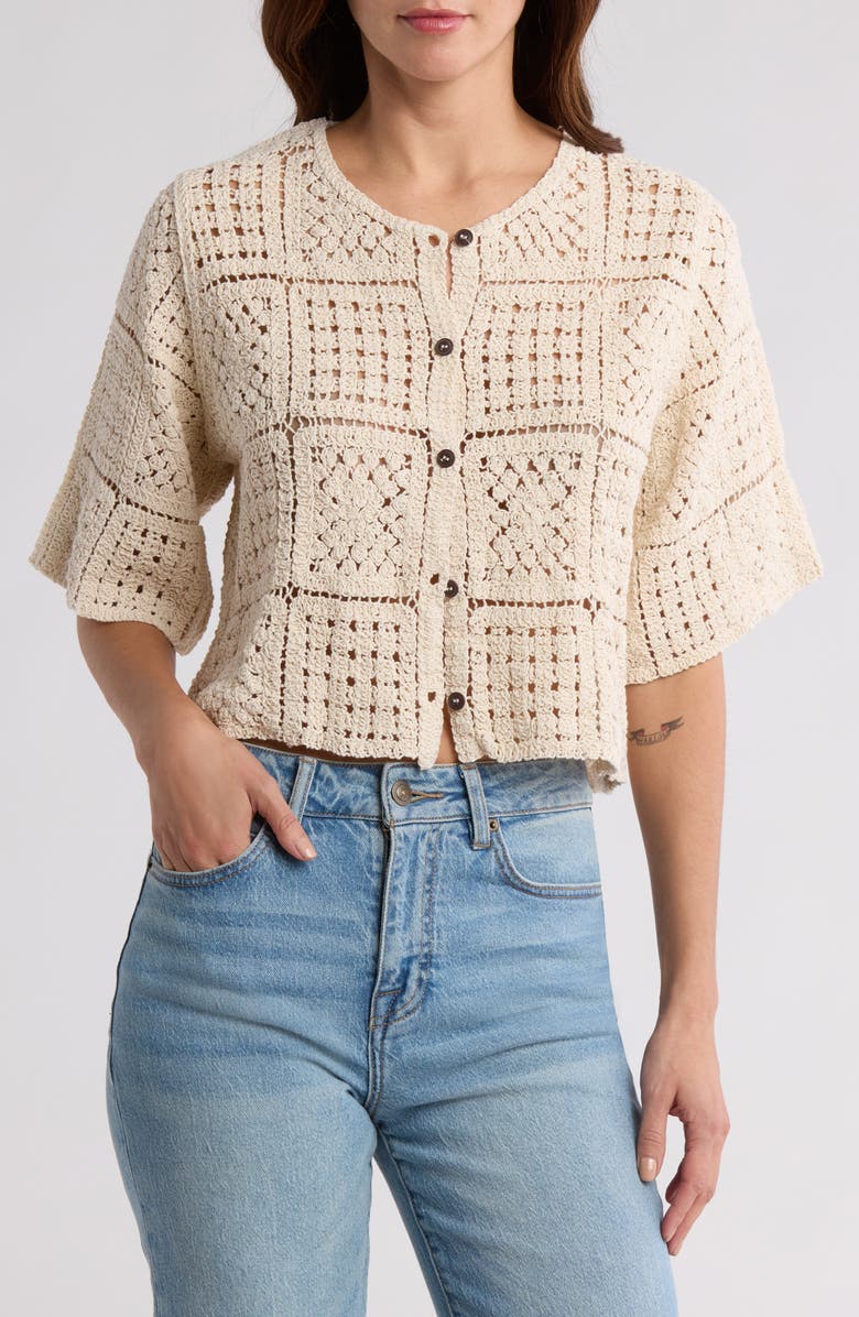 Forgotten Grace Crochet Short Sleeve Button-Up Top, Main, color, Natural