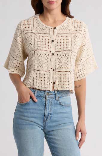 Forgotten Grace Crochet Short Sleeve Button-Up Top