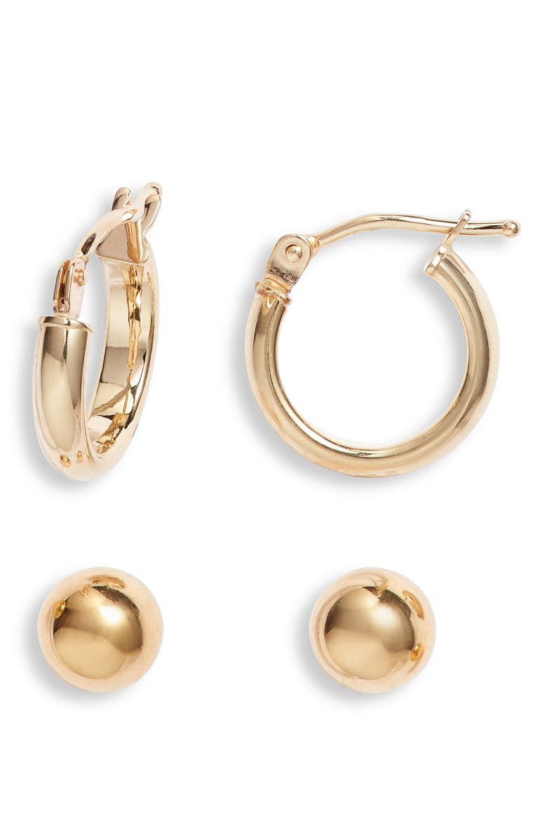 14K Gold Set of 2 Ball Studs & Huggie Hoop Earrings (Nordstrom Exclusive), Main, color, 14K YELLOW GOLD