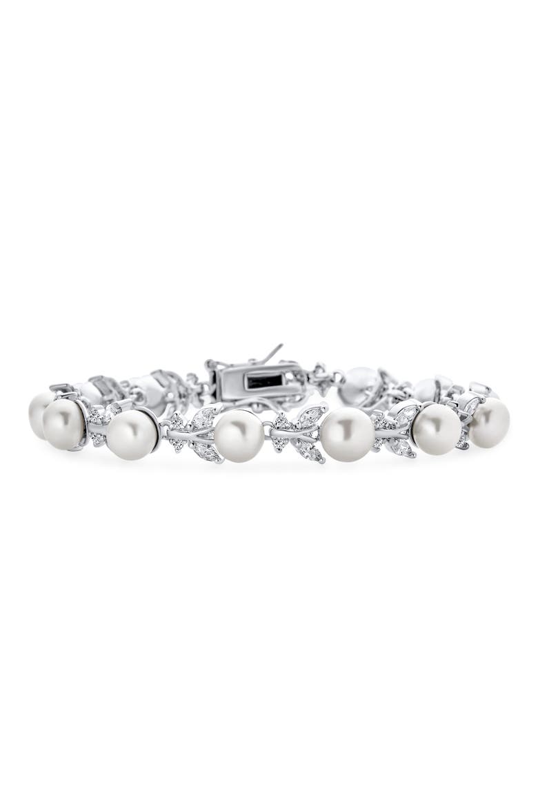Bridal Flowers 6mm Cultured Freshwater Pearl & Cubic Zirconia Bracelet, Main, color, SILVER LEAF/ SMALL PEARL