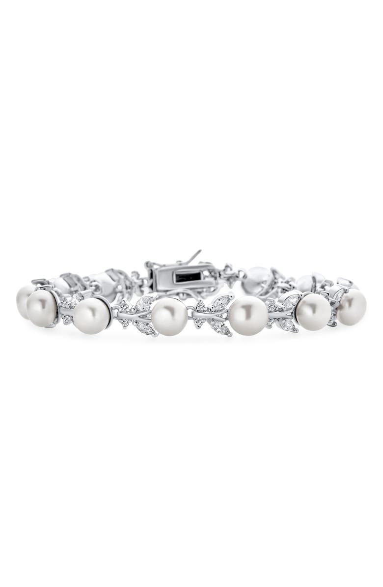BLING JEWELRY Bridal Flowers 6mm Cultured Freshwater Pearl & Cubic Zirconia Bracelet, Main, color, 