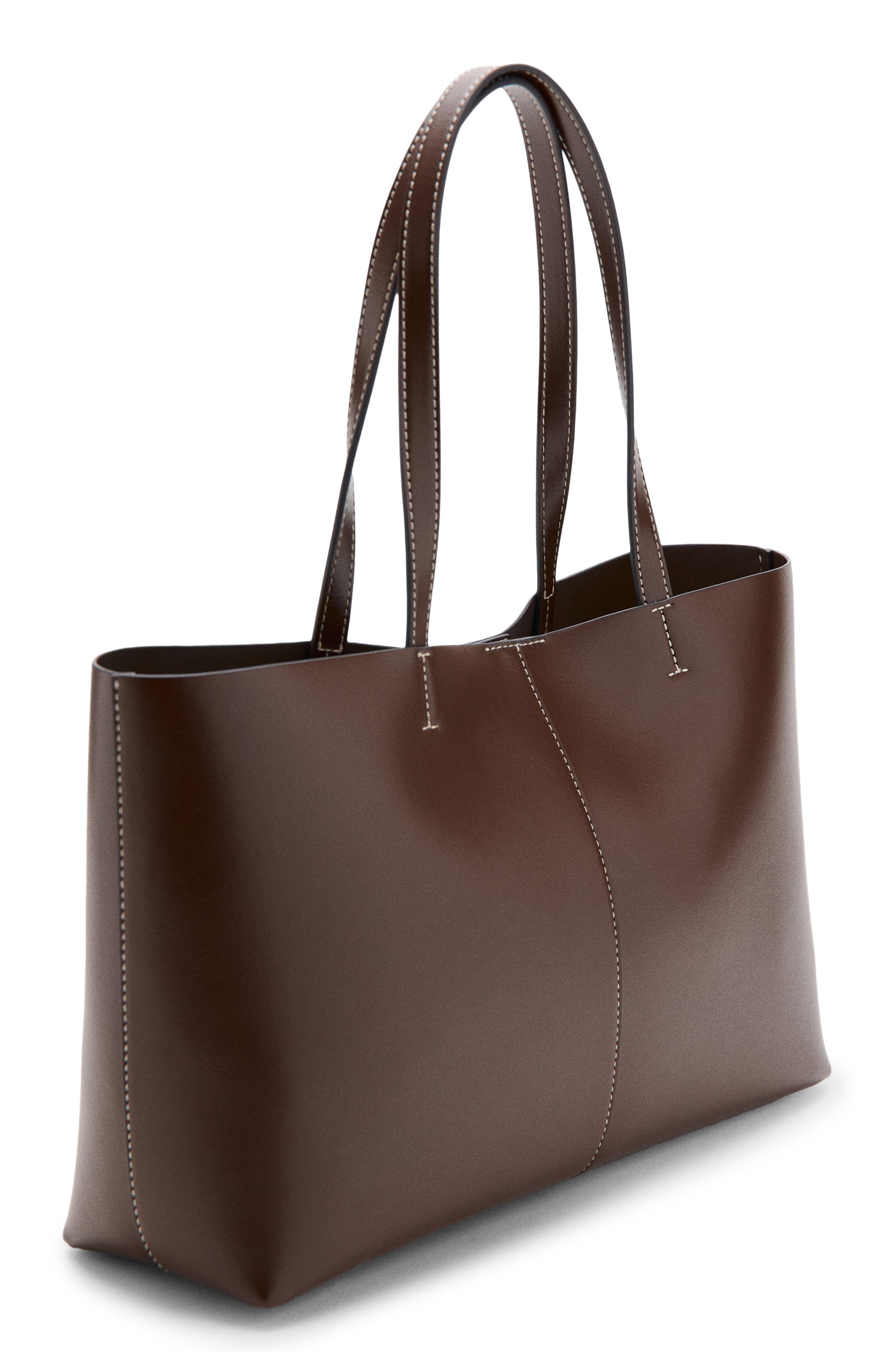 MANGO Faux Leather Shopper Tote, Alternate, color, Brown