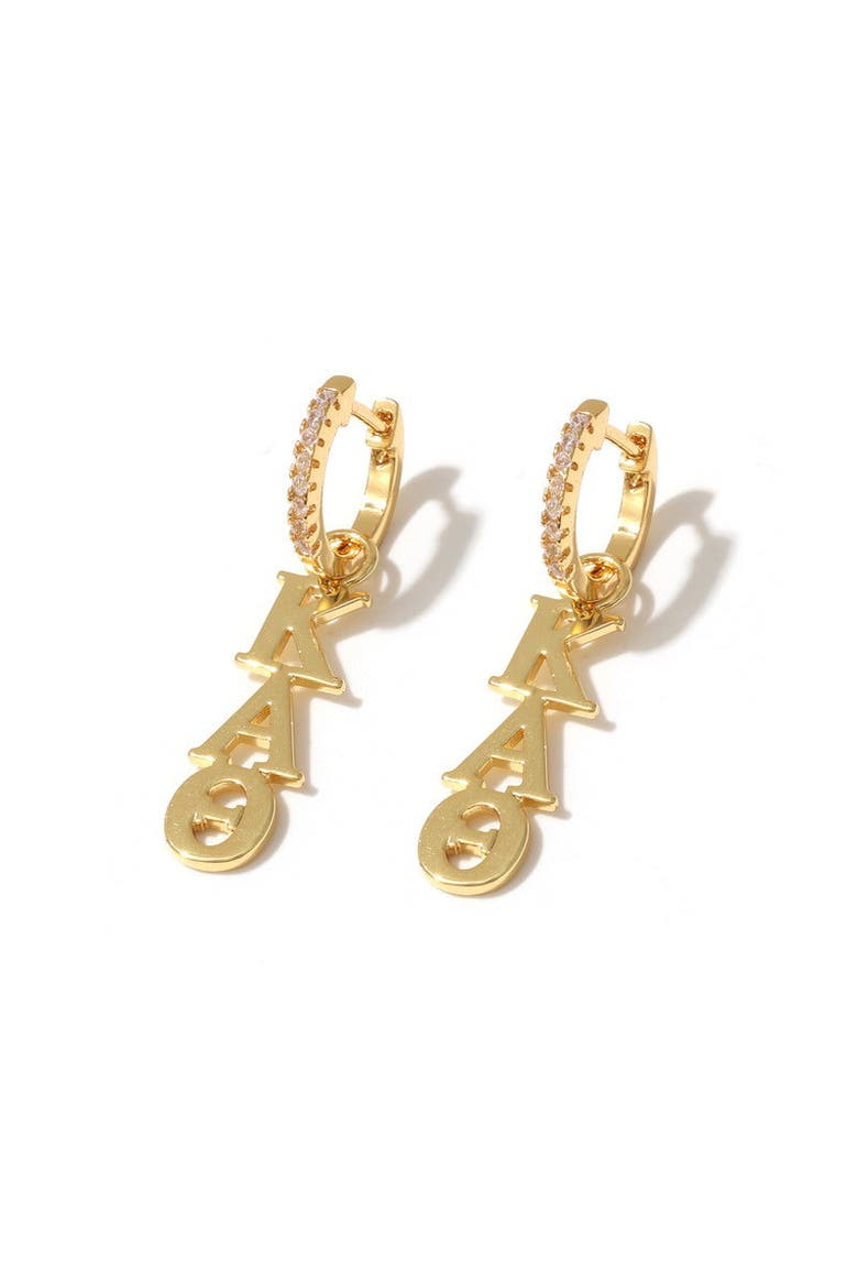 Kappa Alpha Theta Greek Letter Huggie + Charm Earrings, Main, color, Yellow Gold