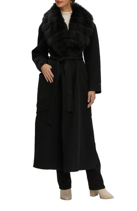 Double Face Wool And Cashmere Coat, Detachable Genuine Shearling Collar, Belted
