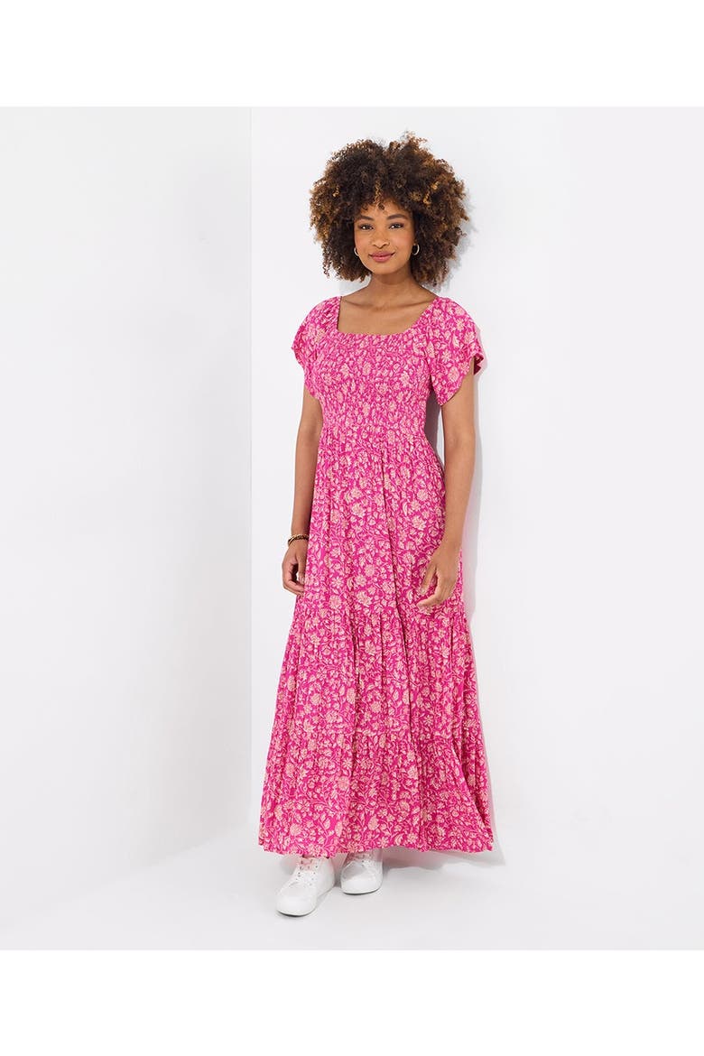 Square Neck Smocked Crinkle Maxi Dress, Alternate, color, FUCHSIA BATIK FLORAL
