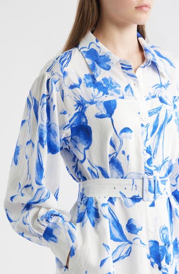 Floral Print Belted Long Sleeve Maxi Shirtdress