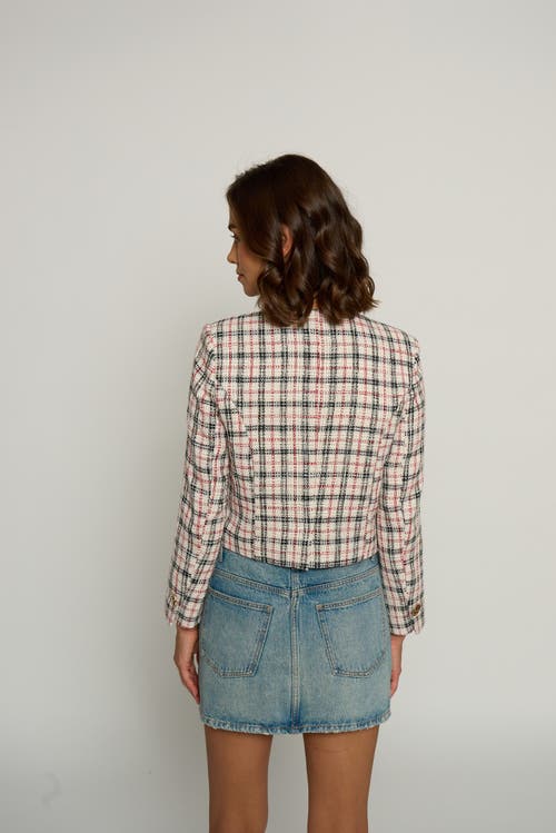 Central Park West Plaid Big Button Collarless Jacket