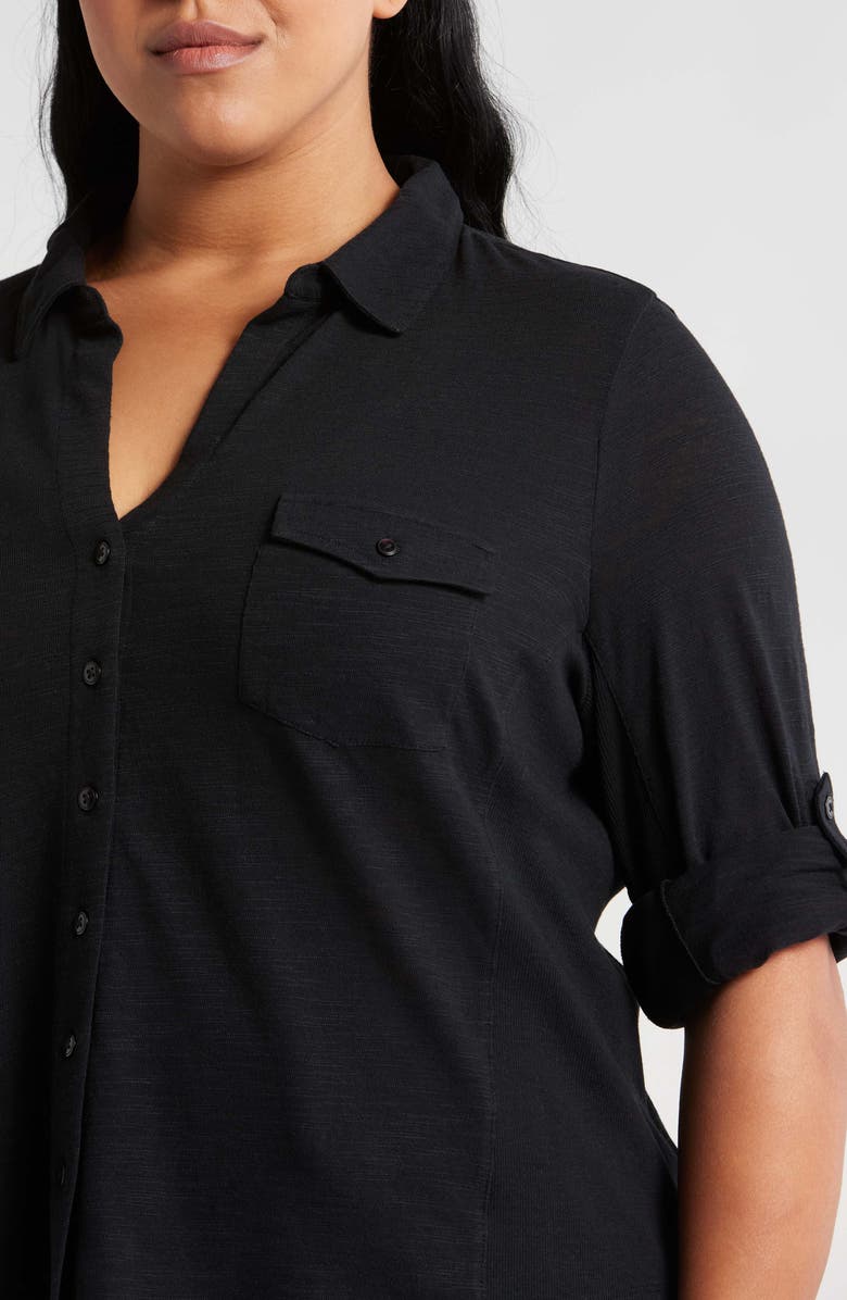 Caslon<sup>®</sup> Roll Sleeve Knit Button-Up Shirt, Alternate, color, Black