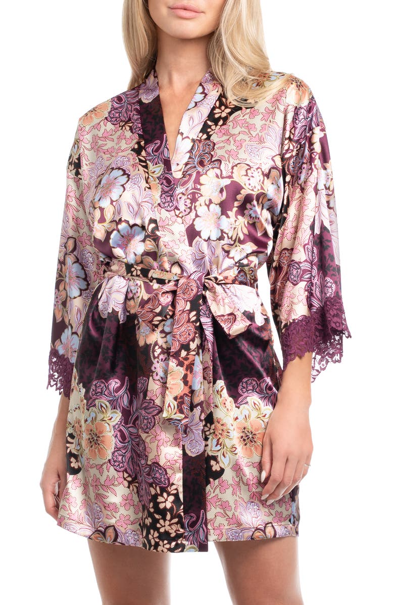 In Bloom by Jonquil Anna Printed Lace Trim Satin Wrap, Main, color, Plum