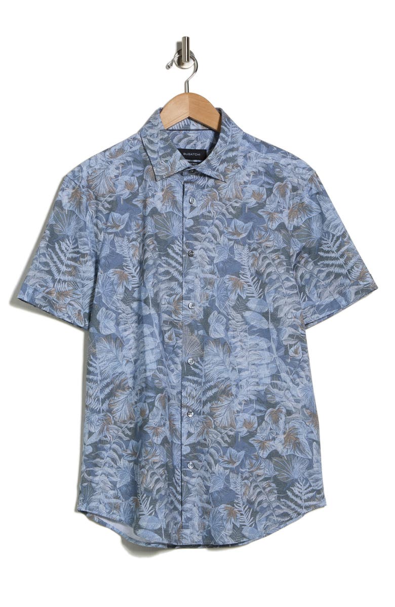 Bugatchi Short Sleeve Button-Up Shirt, Main, color, Dusty Blue