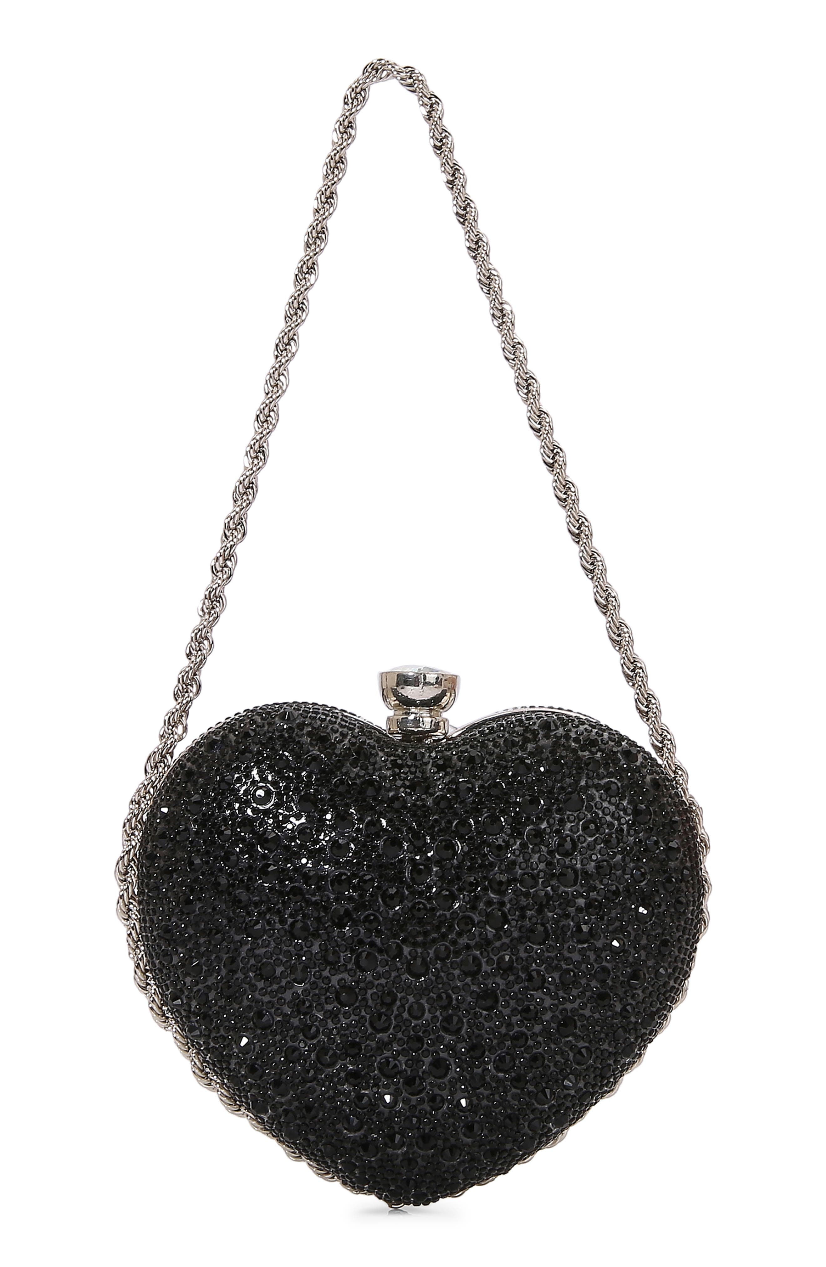 Heart Shaped Rhinestone Clasp Purse, Main, color, BLACK