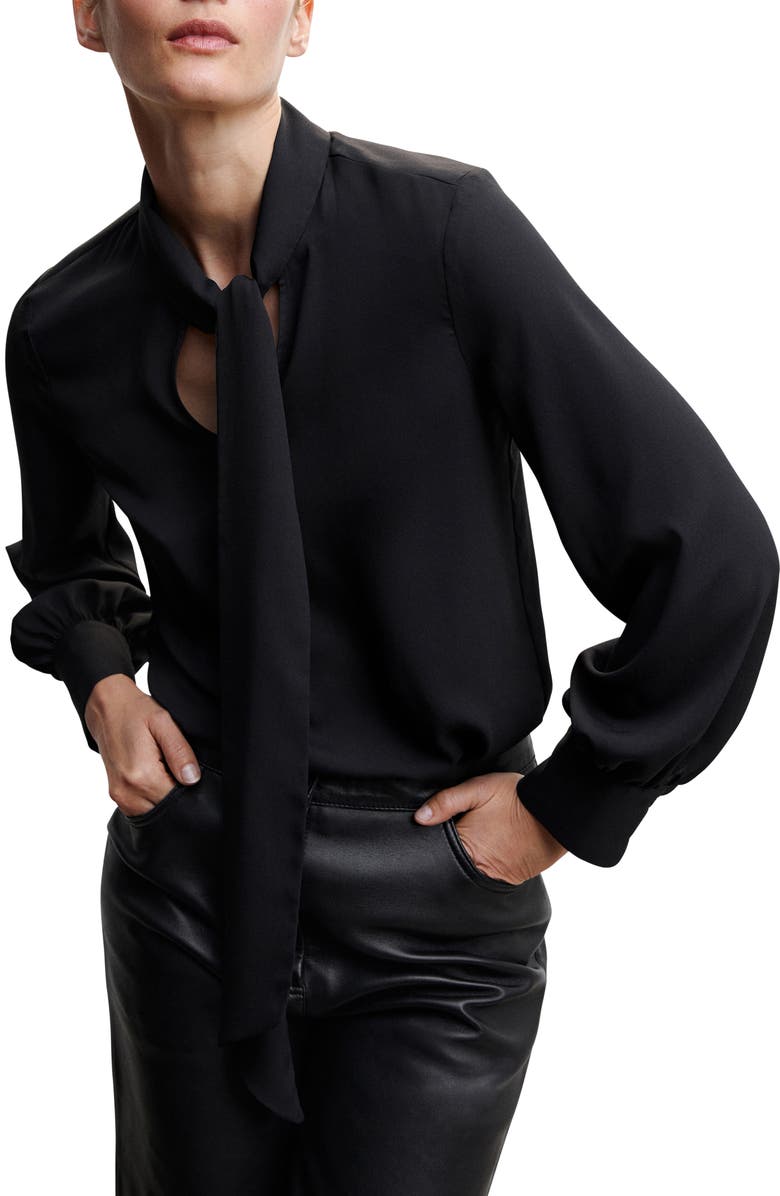 MANGO Flowy Tie Neck Long Sleeve Blouse, Main, color,