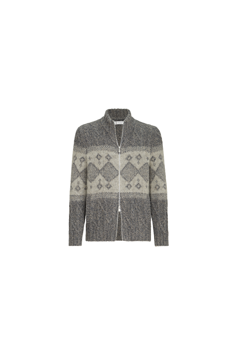Virgin wool, silk and cashmere chiné cable knit cardigan with intarsia, Alternate, color, Cerulean