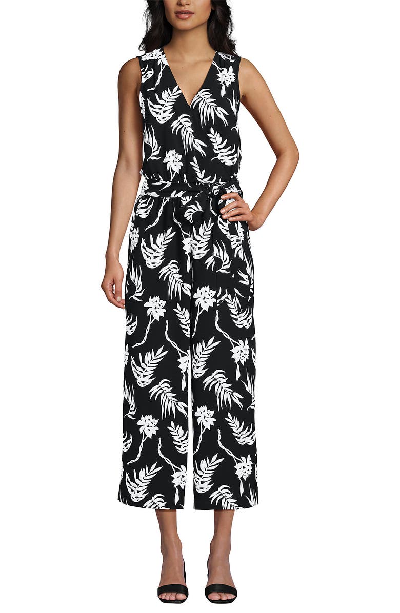 Lands' End Sleeveless Creaseless Wrap Jumpsuit, Alternate, color, Black Tropic Floral