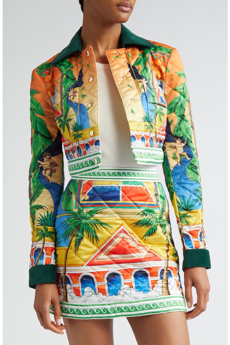 Quilted Triomphe D'Orange Print Crop Jacket, Alternate, color, TRIOMPHE DORANGE