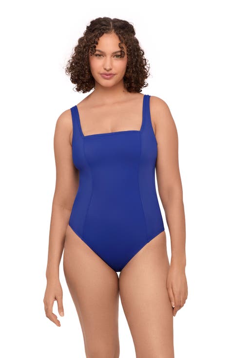 Square Neck Lace-Up Back One Piece Swimsuit