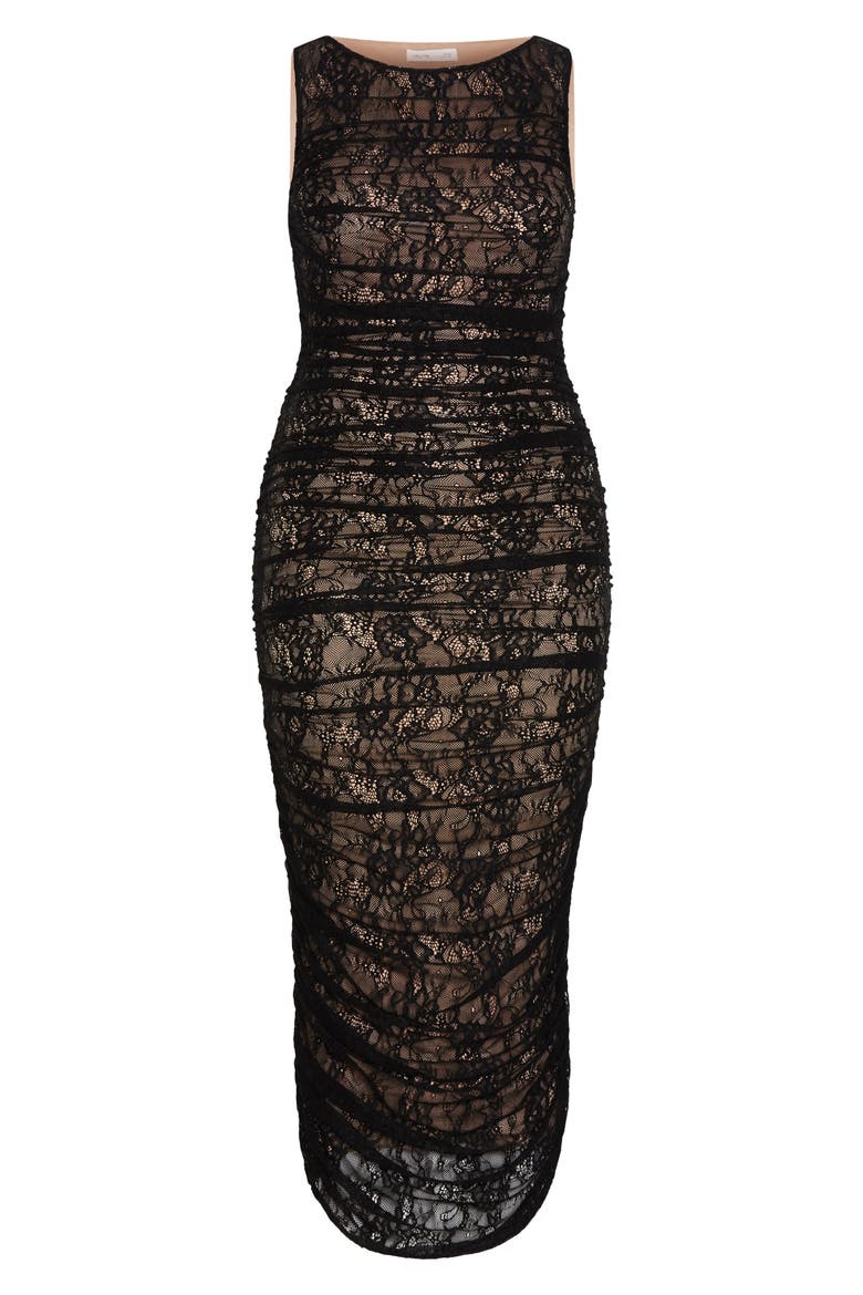 Ruched Lace Sheath Dress, Alternate, color, BLACK