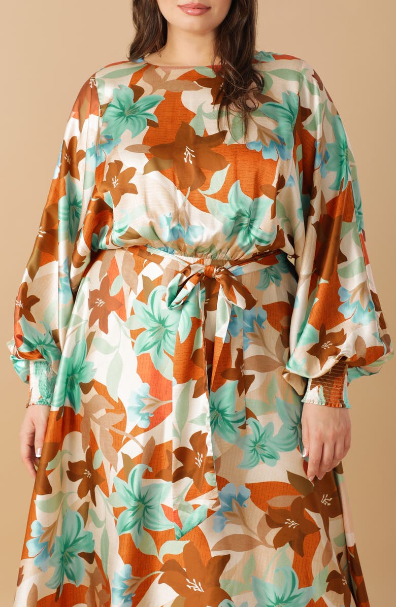 FLYING TOMATO Print Woven Midi Dress, Alternate, color, Rust Teal